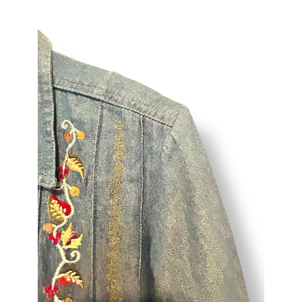 Vintage Cottagecore Denim Embroidered Prairie Dress Size Medium Back Tie Bird - Picture 4 of 14
